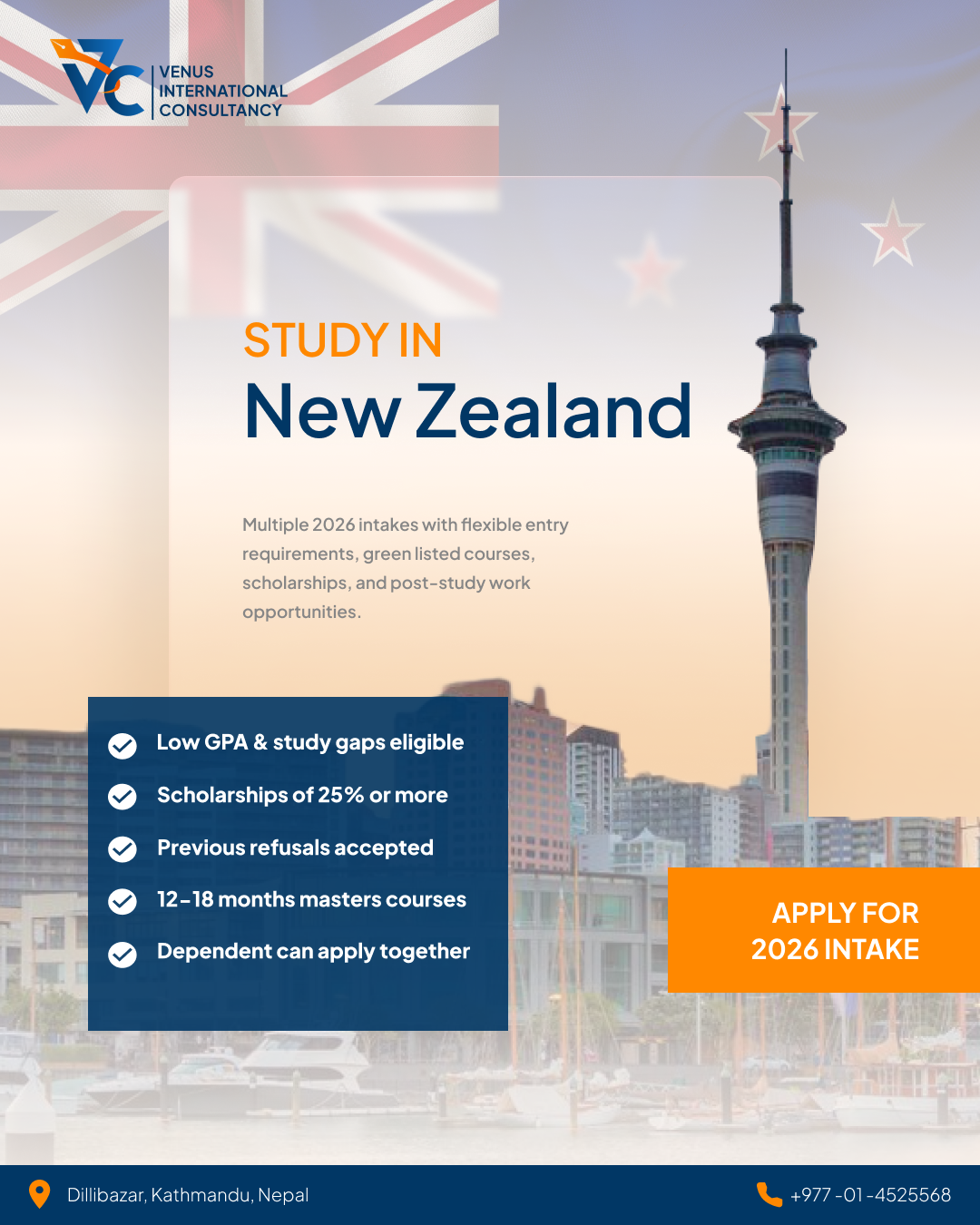 Study in New Zealand poster for Venus International